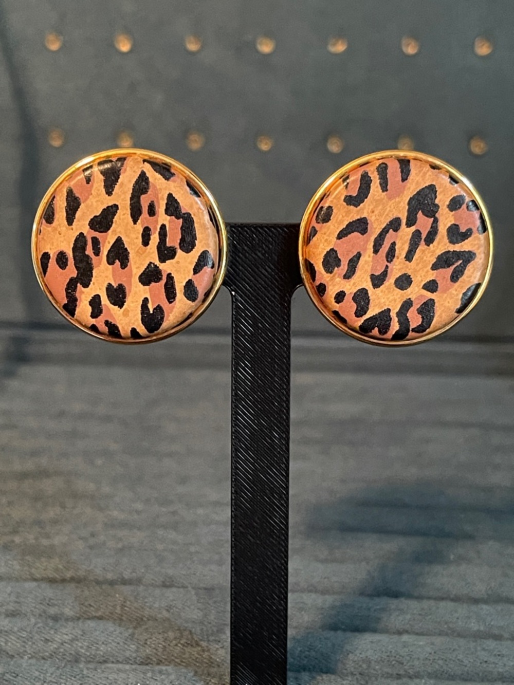 Vintage Leather Animal Print Button Style Clip-on Earrings